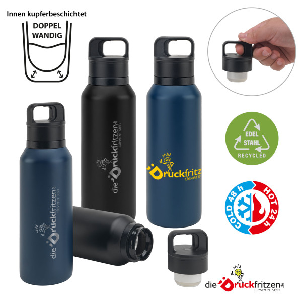 Thermosflasche NICKLAUS aus recyceltem Edelstahl mit speziellem Öffnungssystem - 590 ml