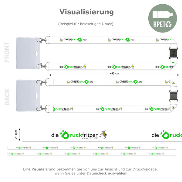 Lanyards/Schlüsselbänder aus rPET mit 2 Karabinerhaken und Sicherheitsclip - individuell bedrucken