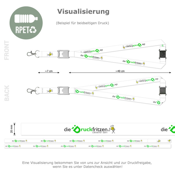 Lanyards/Schlüsselbänder aus rPET mit Karabiner, Flaschenöffner und Sicherheitsclip - bedruckt