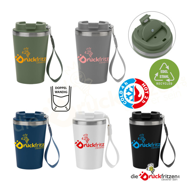 doppelwandiger Reise-Becher SPITZ aus recyceltem Edelstahl und mit PP-Überzug - 440 ml