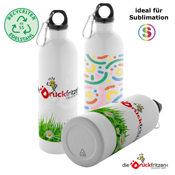 Trinkflasche PRESSUTO aus recyceltem Edelstahl für SUBLIMATION - mit Karabiner - 750 ml