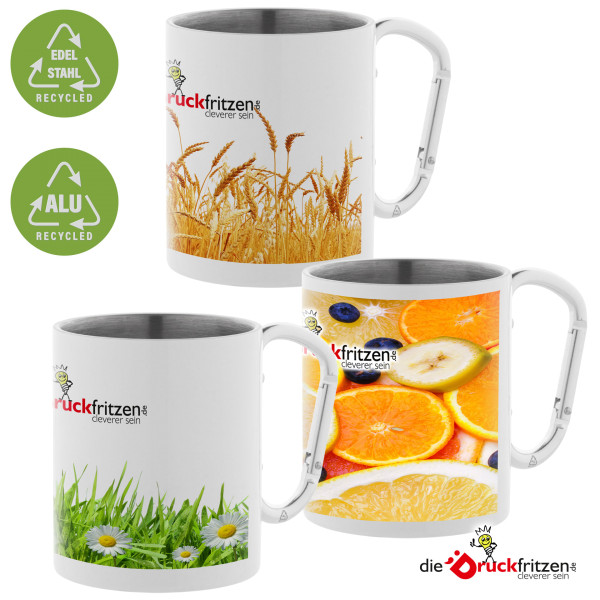 Edelstahltasse mit Karabinerhenkel - recycled - 300 ml - für Sublimation